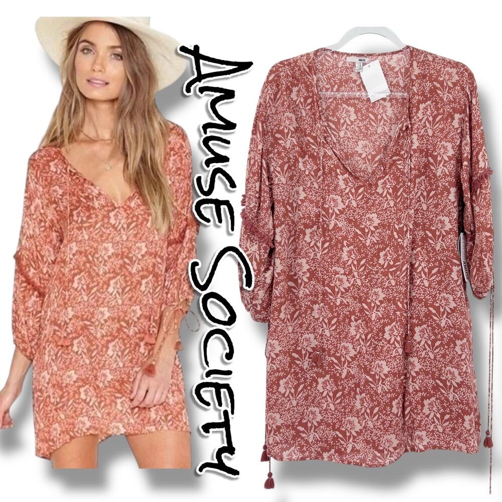 Amuse Society Costello Fringe Mini Dress NWT Size M Boho Tassel Floral Vacation